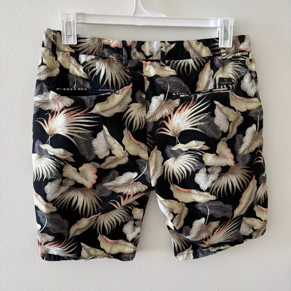 Scotch & Soda Men Sz 32 Tropical Palm Leaf Chino Shorts Black Botanical Coastal